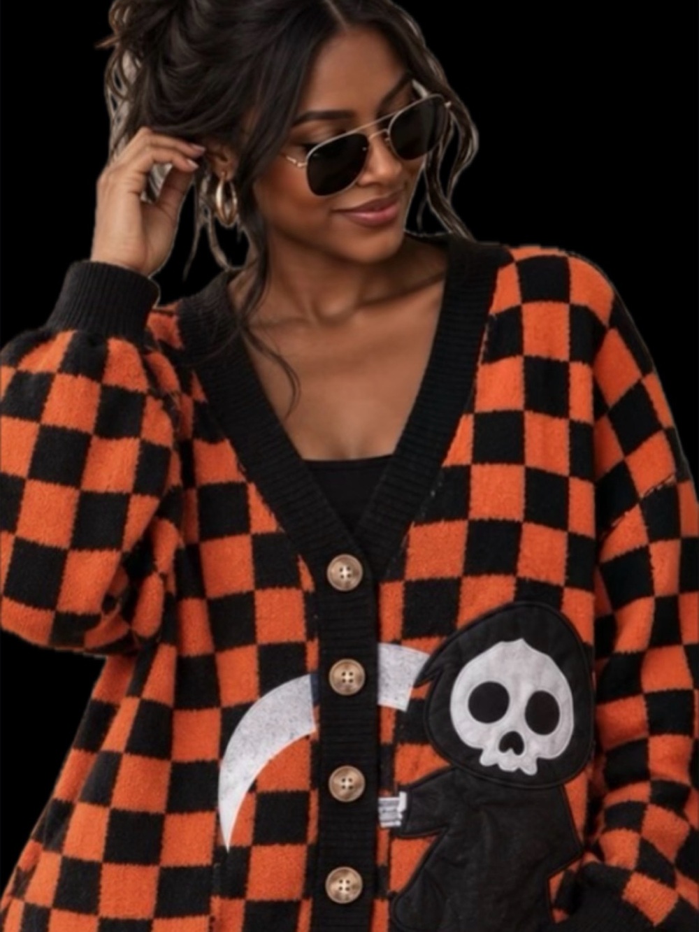 NWT Grim Reaper Orange & Black Check Halloween Cardigan, Size Small